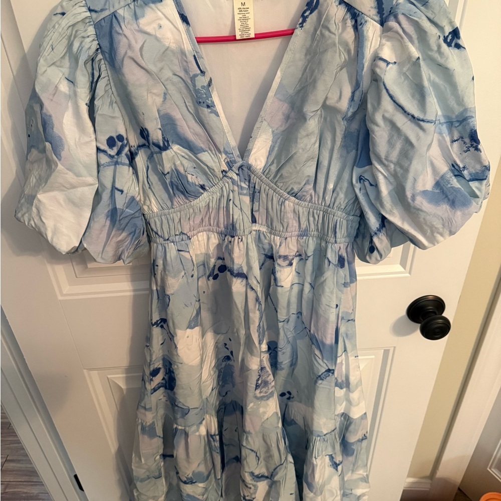 Blue and White Puff Sleeve Dress